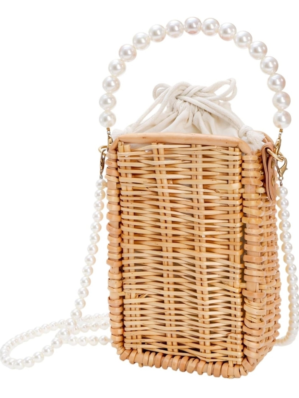 Woven Rattan Pearl-Handle Crossbody Bag - Natural
